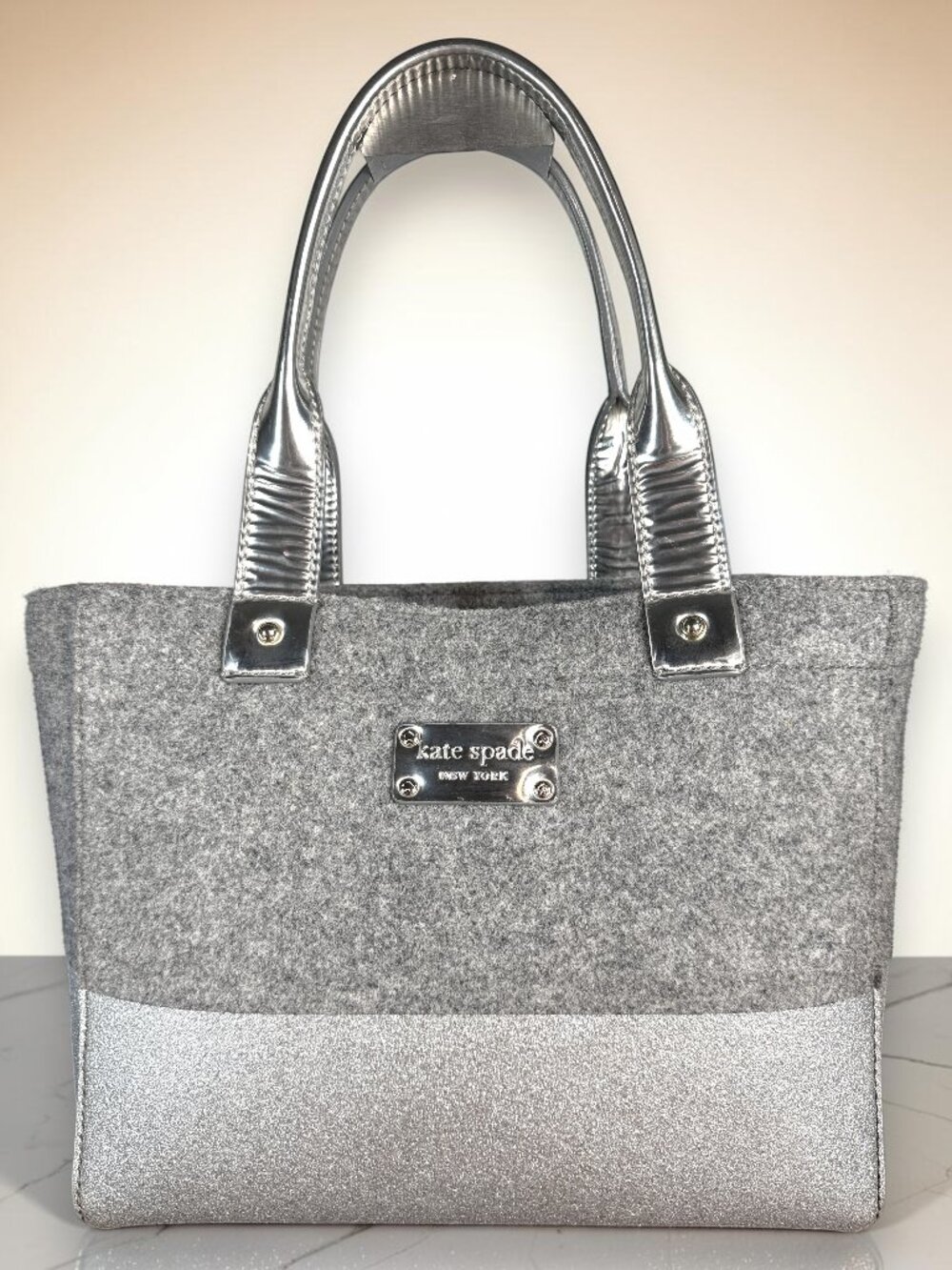 Kate Spade Frosted Felt Quinn Gray Wool Metallic Silver Tote Bag
